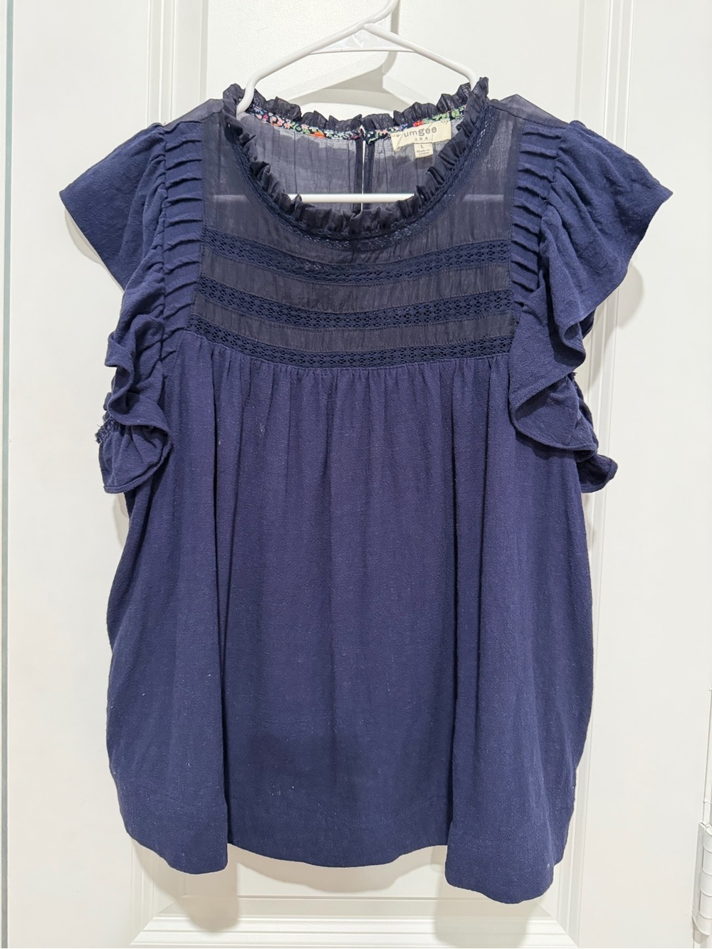 Umgee Navy Blue Ruffle Sleeve Boho Top – Size Large